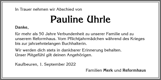 Traueranzeige von Pauline Uhrle von Allgäuer Zeitung, Kaufbeuren/Buchloe