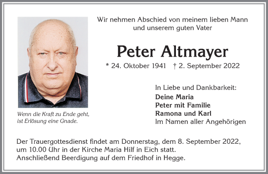 Traueranzeige von Peter Altmayer von Allgäuer Zeitung,Kempten
