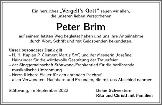 Traueranzeige von Peter Brim von Allgäuer Zeitung, Kaufbeuren/Buchloe