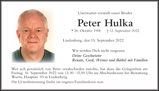 Traueranzeige von Peter Hulka von Der Westallgäuer