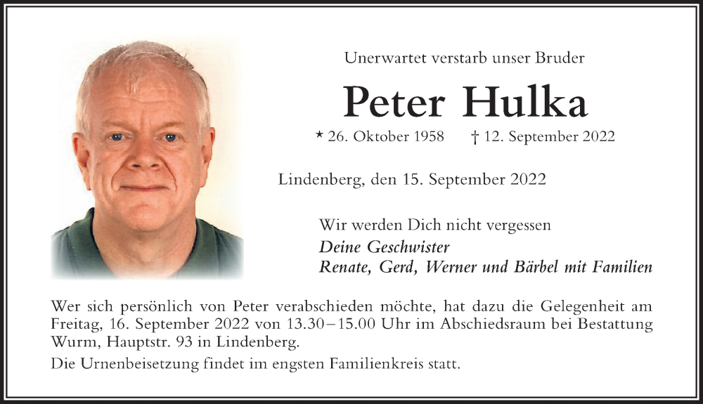  Traueranzeige für Peter Hulka vom 15.09.2022 aus Der Westallgäuer