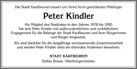 Traueranzeige von Peter Kindler von Allgäuer Zeitung, Kaufbeuren/Buchloe