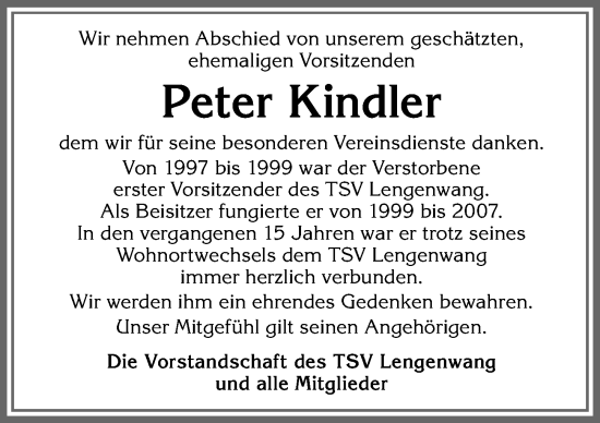 Traueranzeige von Peter Kindler von Allgäuer Zeitung, Marktoberdorf