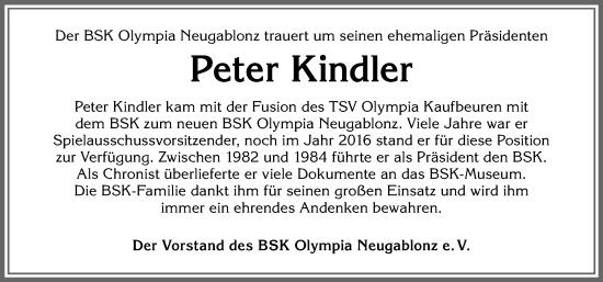 Traueranzeige von Peter Kindler von Allgäuer Zeitung, Kaufbeuren/Buchloe