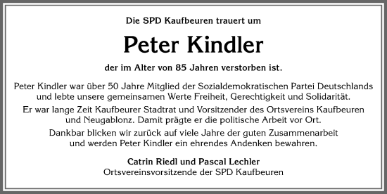 Traueranzeige von Peter Kindler von Allgäuer Zeitung, Kaufbeuren/Buchloe