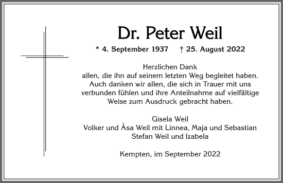 Traueranzeige von Peter Weil von Allgäuer Zeitung,Kempten