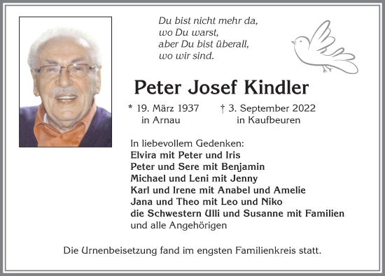 Traueranzeige von Peter Josef Kindler von Allgäuer Zeitung, Marktoberdorf