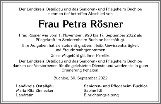 Traueranzeige von Petra Rösner von Allgäuer Zeitung, Kaufbeuren/Buchloe