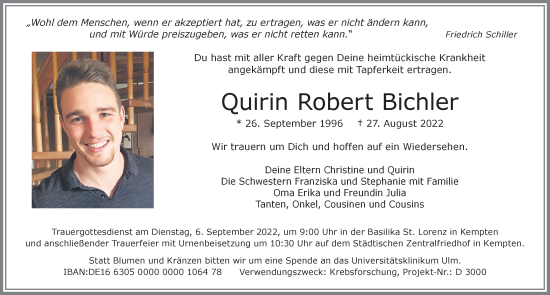 Traueranzeige von Quirin Robert Bichler von Allgäuer Zeitung,Kempten