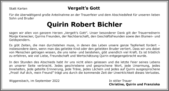 Traueranzeige von Quirin Robert Bichler von Allgäuer Zeitung,Kempten