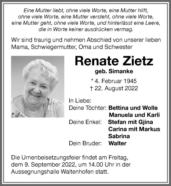Traueranzeige von Renate Zietz von Allgäuer Zeitung,Kempten