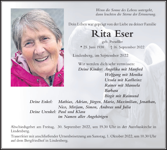 Traueranzeige von Rita Eser von Der Westallgäuer