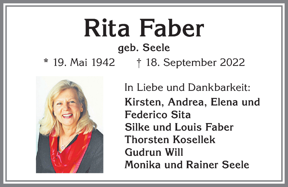  Traueranzeige für Rita Faber vom 24.09.2022 aus Allgäuer Zeitung,Kempten