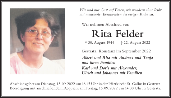 Traueranzeige von Rita Felder von Der Westallgäuer