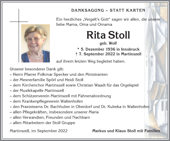 Traueranzeige von Rita Stoll von Allgäuer Zeitung,Kempten