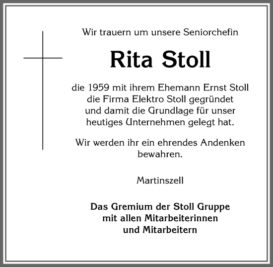 Traueranzeige von Rita Stoll von Allgäuer Anzeigeblatt