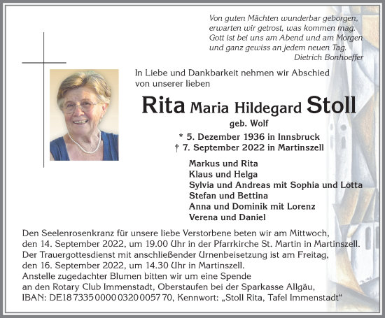 Traueranzeige von Rita Maria Hildegard Stoll von Allgäuer Zeitung,Kempten