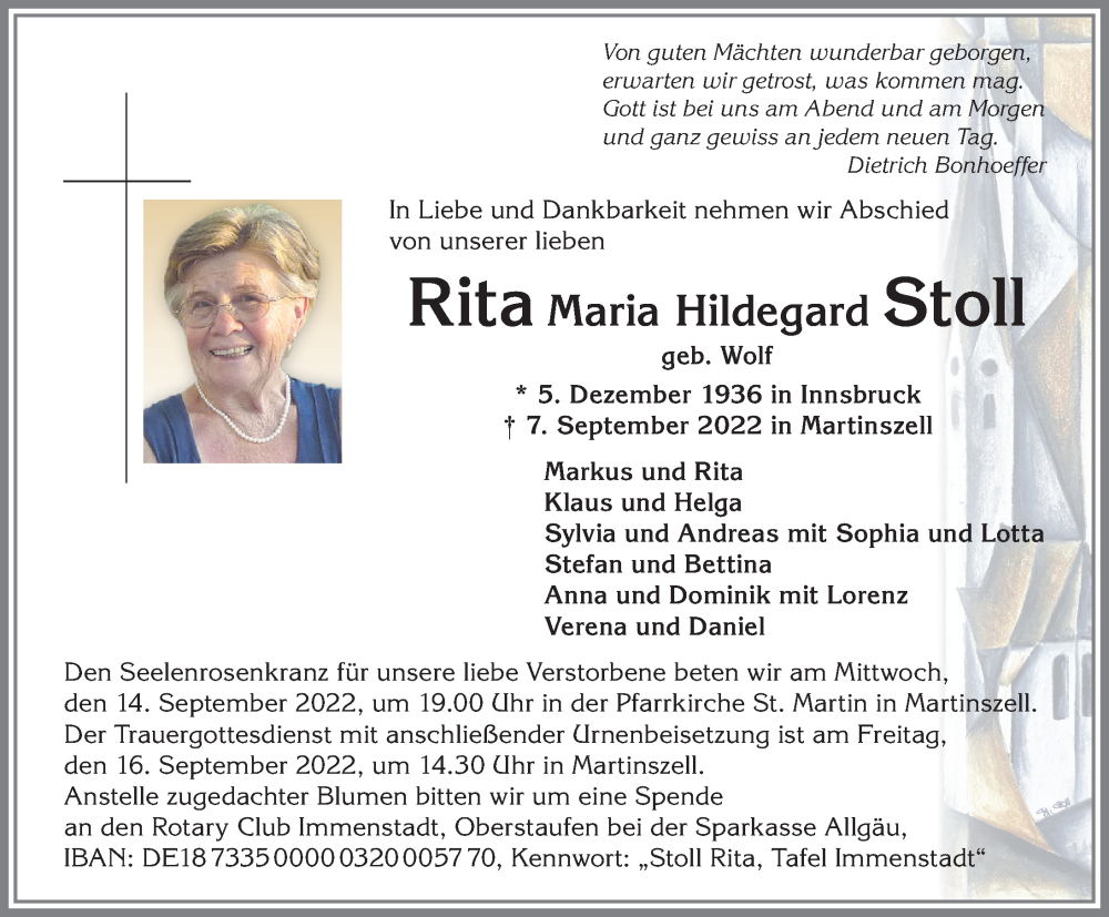  Traueranzeige für Rita Maria Hildegard Stoll vom 10.09.2022 aus Allgäuer Anzeigeblatt