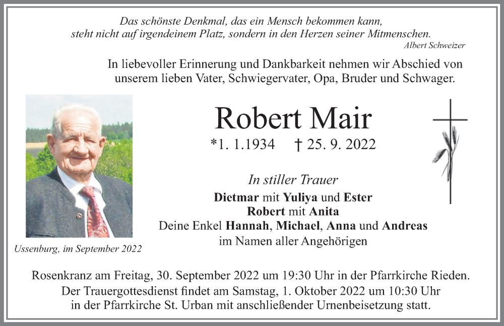  Traueranzeige für Robert Mair vom 28.09.2022 aus Allgäuer Zeitung, Füssen