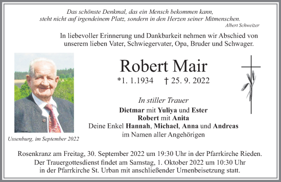 Traueranzeige von Robert Mair von Allgäuer Zeitung, Füssen