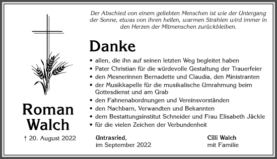 Traueranzeige von Roman Walch von Allgäuer Zeitung, Marktoberdorf