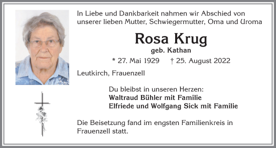 Traueranzeige von Rosa Krug von Allgäuer Zeitung,Kempten