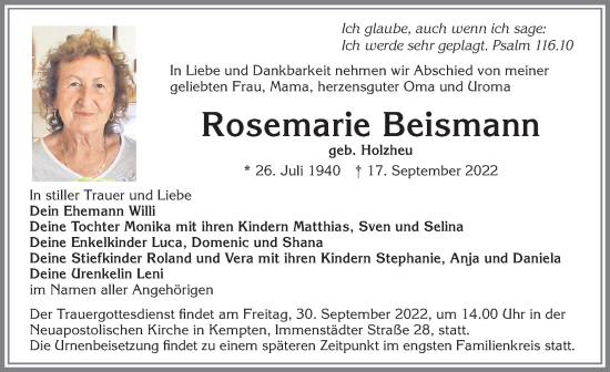 Traueranzeige von Rosemarie Beismann von Allgäuer Zeitung,Kempten