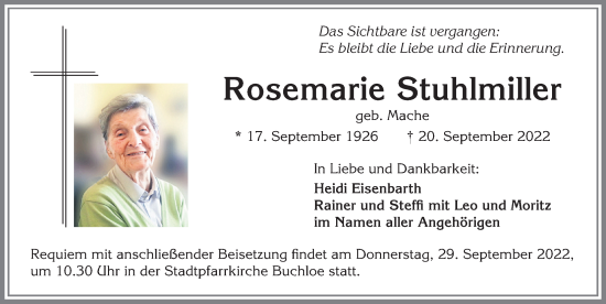 Traueranzeige von Rosemarie Stuhlmiller von Allgäuer Zeitung, Kaufbeuren/Buchloe
