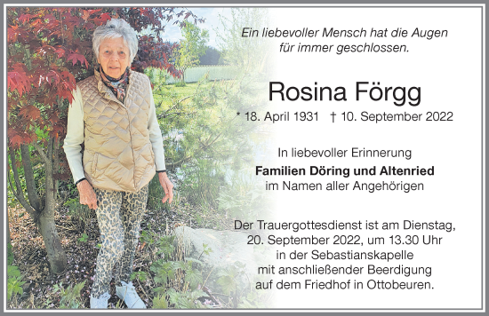 Traueranzeige von Rosina Förgg von Memminger Zeitung