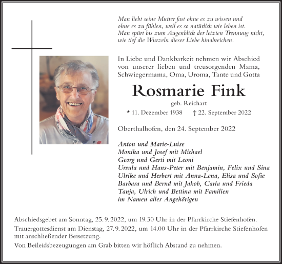 Traueranzeige von Rosmarie Fink von Der Westallgäuer