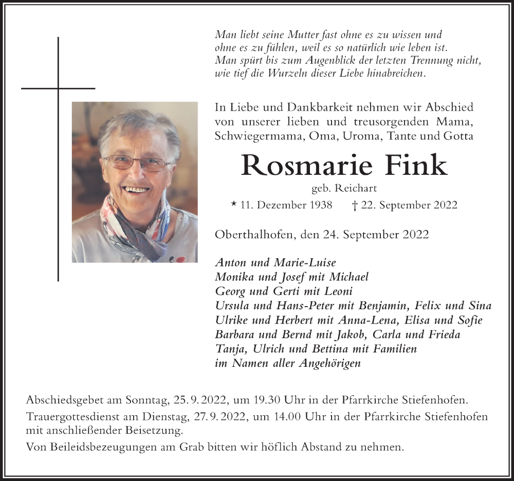  Traueranzeige für Rosmarie Fink vom 24.09.2022 aus Der Westallgäuer
