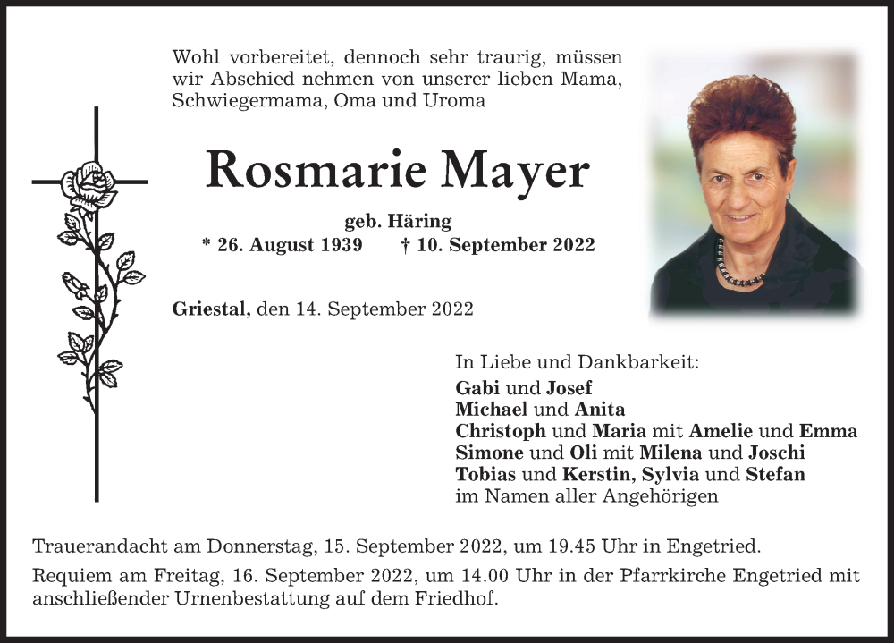  Traueranzeige für Rosmarie Mayer vom 14.09.2022 aus Memminger Zeitung