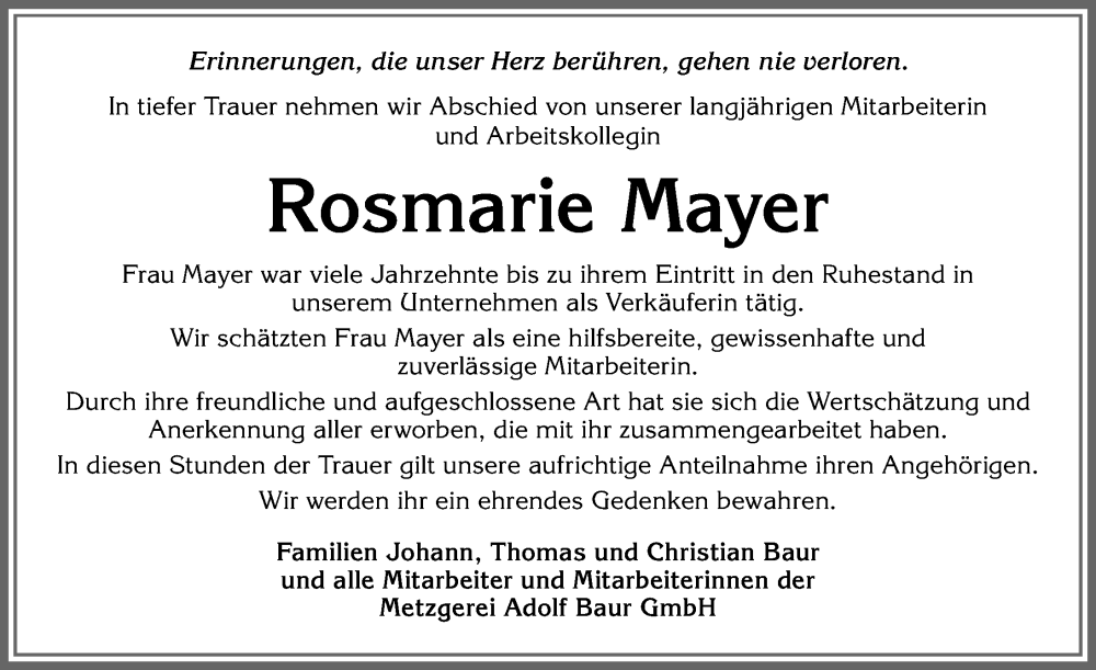  Traueranzeige für Rosmarie Mayer vom 15.09.2022 aus Allgäuer Zeitung, Marktoberdorf