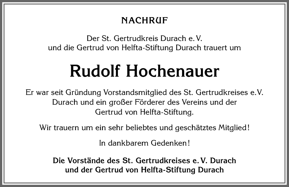  Traueranzeige für Rudolf Hochenauer vom 09.09.2022 aus Allgäuer Zeitung,Kempten