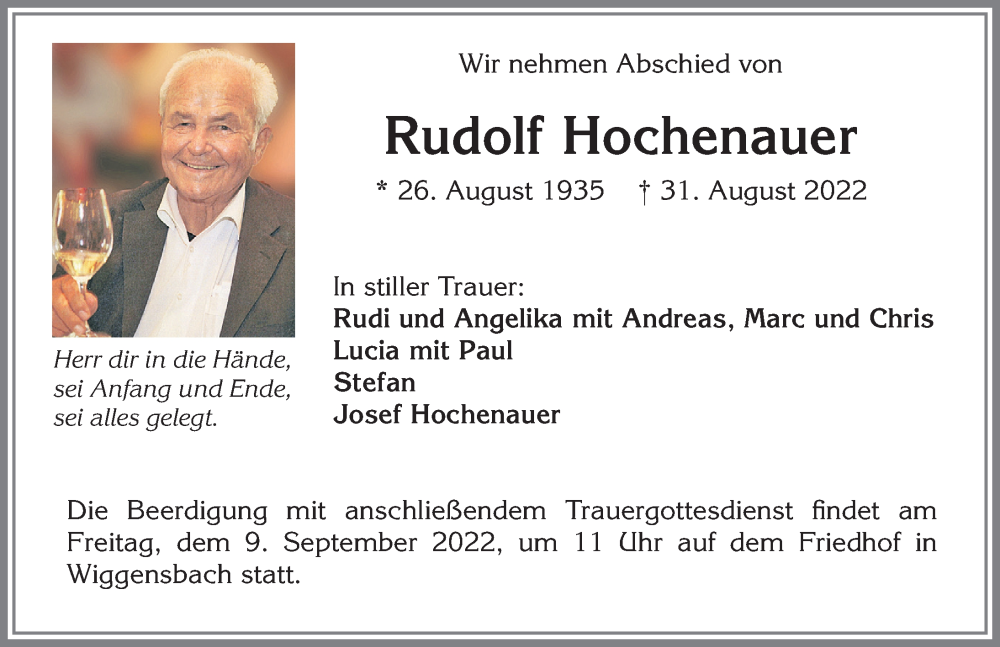  Traueranzeige für Rudolf Hochenauer vom 07.09.2022 aus Allgäuer Zeitung,Kempten