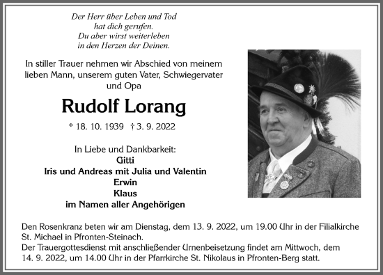Traueranzeige von Rudolf Lorang von Allgäuer Zeitung, Füssen