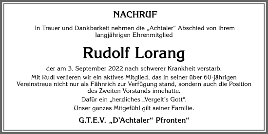 Traueranzeige von Rudolf Lorang von Allgäuer Zeitung, Füssen