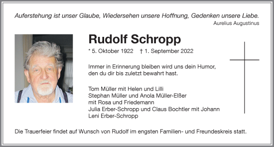 Traueranzeige von Rudolf Schropp von Memminger Zeitung