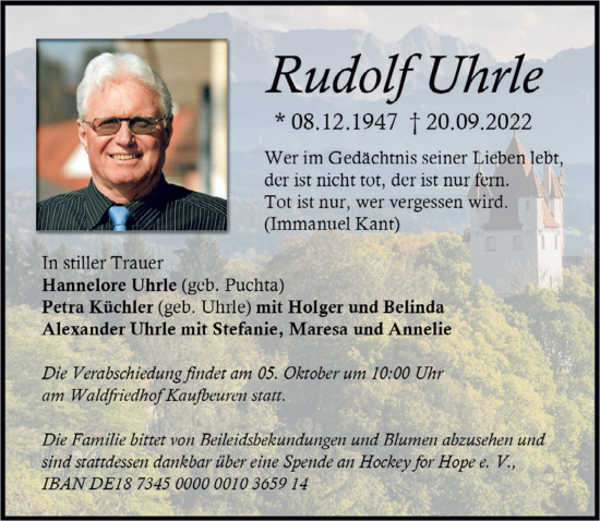 Traueranzeige von Rudolf Uhrle von Allgäuer Zeitung, Kaufbeuren/Buchloe