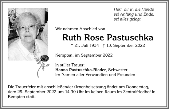 Traueranzeige von Ruth Rose Pastuschka von Allgäuer Zeitung,Kempten
