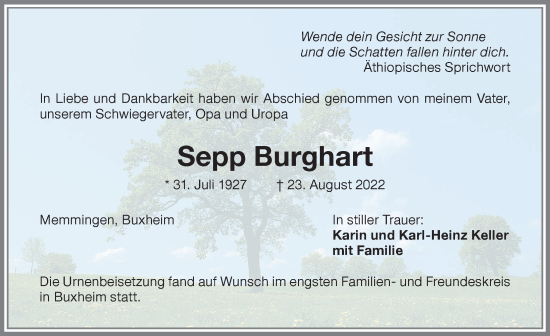 Traueranzeige von Sepp Burghart von Memminger Zeitung