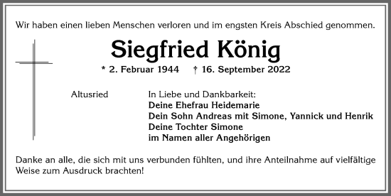 Traueranzeige von Siegfried König von Allgäuer Zeitung,Kempten