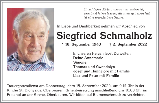 Traueranzeige von Siegfried Schmalholz von Allgäuer Zeitung, Kaufbeuren/Buchloe