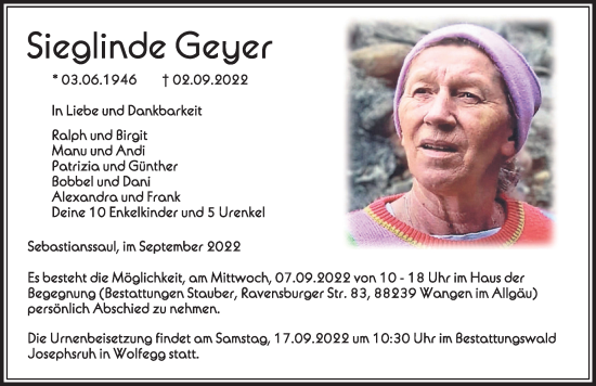 Traueranzeige von Sieglinde Geyer von Der Westallgäuer