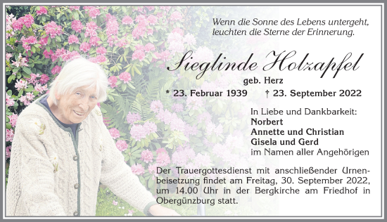 Traueranzeige von Sieglinde Holzapfel von Allgäuer Zeitung, Marktoberdorf