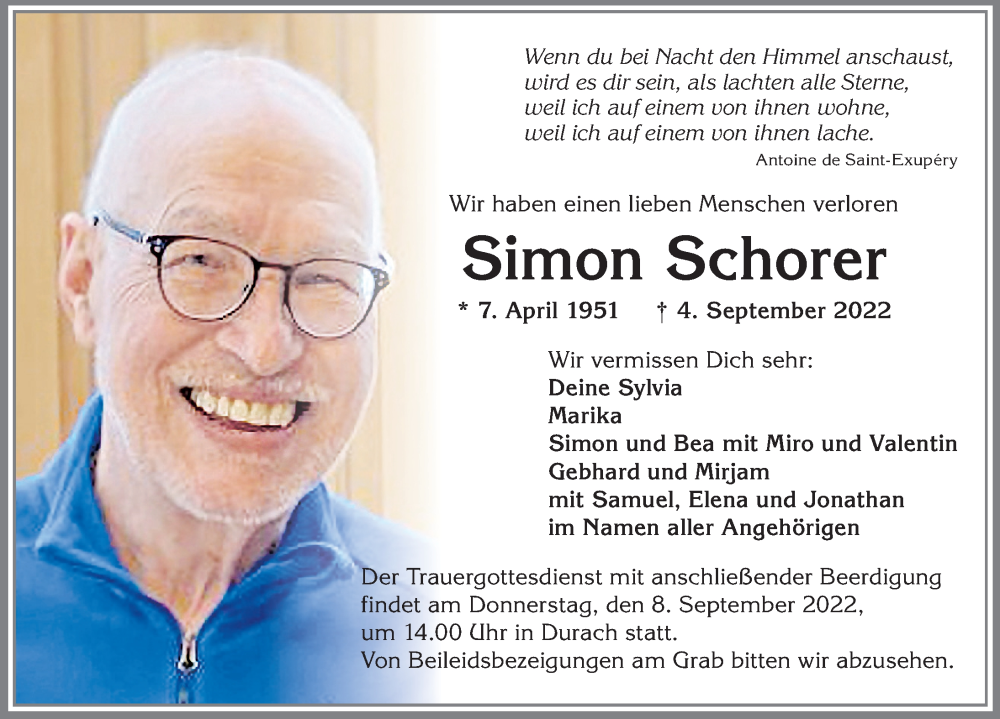  Traueranzeige für Simon Schorer vom 07.09.2022 aus Allgäuer Zeitung,Kempten