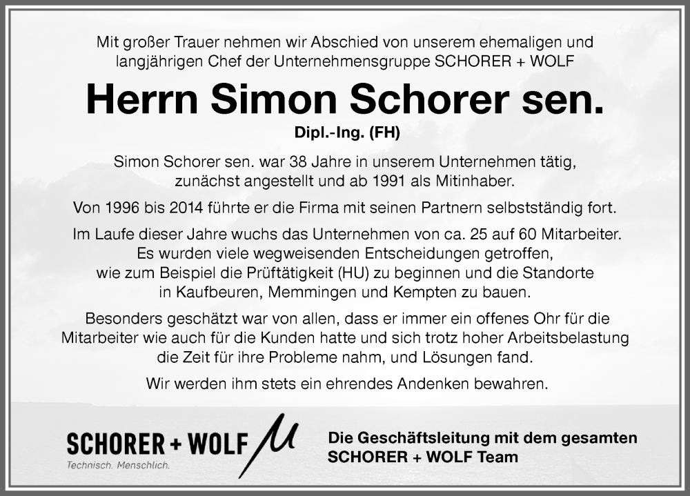  Traueranzeige für Simon Schorer vom 17.09.2022 aus Allgäuer Zeitung, Gesamtausgabe