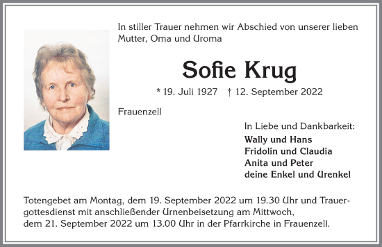 Traueranzeige von Sofie Krug von Allgäuer Zeitung,Kempten