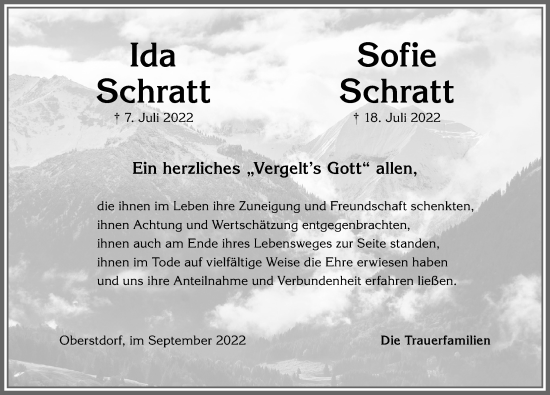 Traueranzeige von Sofie Schratt von Allgäuer Anzeigeblatt