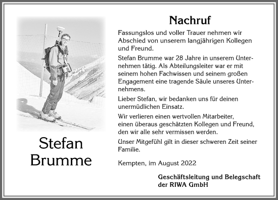 Traueranzeige von Stefan Brumme von Memminger Zeitung